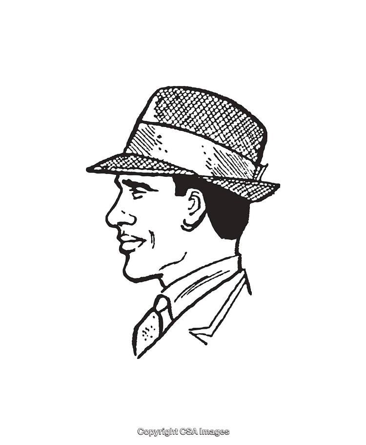 Black and White Line Art of Gentleman Wearing Fedora in Profile View