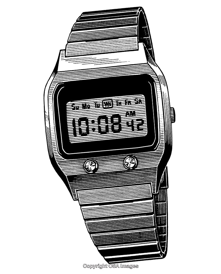 Retro Digital Wrist Watch Black and White Engraved Illustration