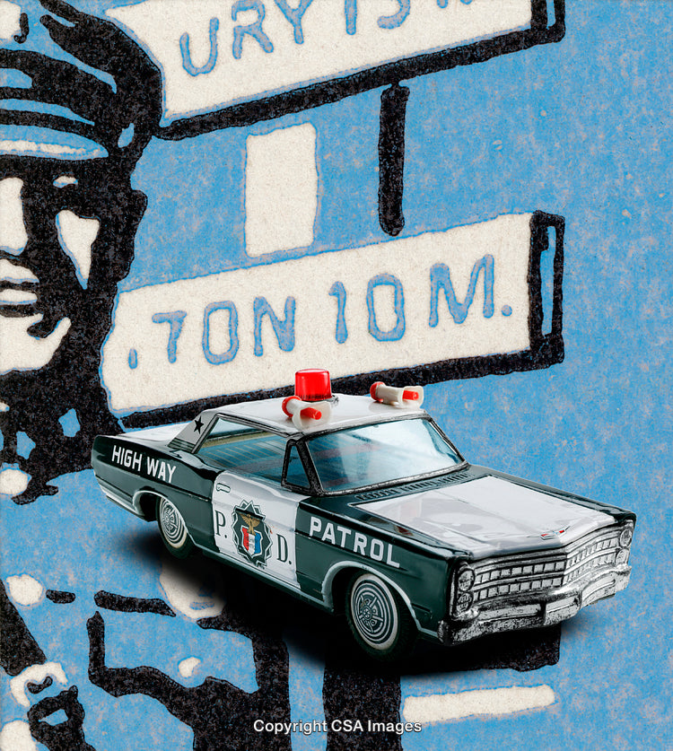 Vintage Toy Police Car With Hand Drawn Blue Street Sign Background