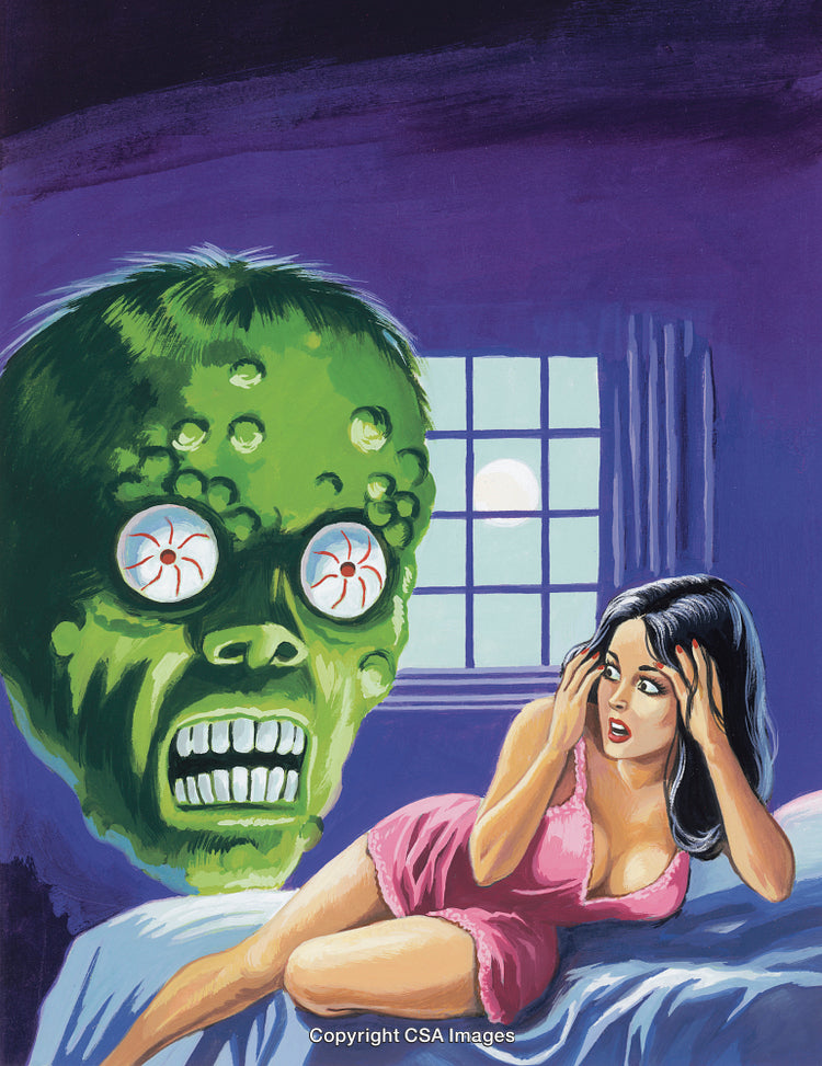 Horrified Woman Confronting an Enormous Demonic Green Face in Bedroom at Night