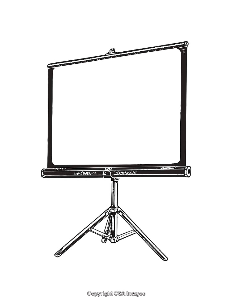 Black and White Line Art of a Presentation Screen on a Tripod Stand