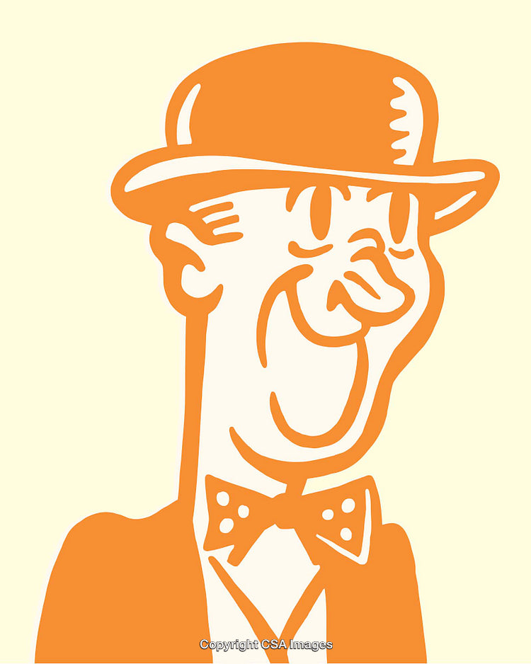 Retro Style Line Art of a Laughing Man in Bowler Hat