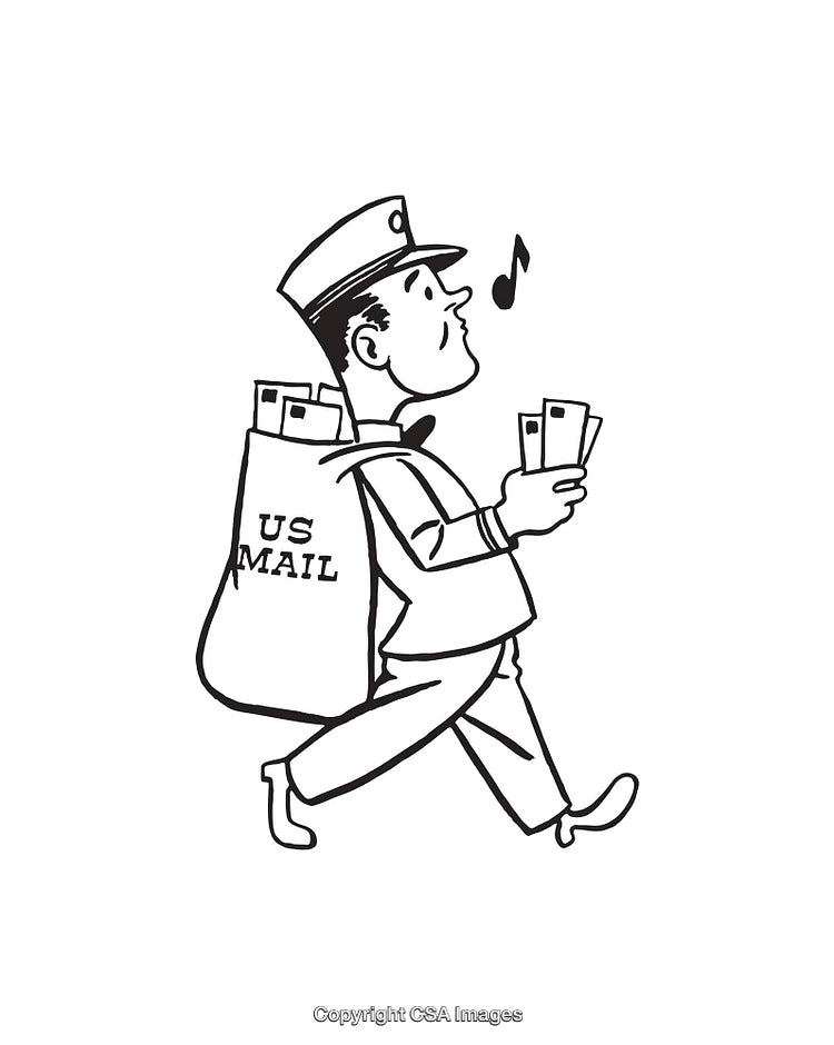 Retro Black and White Line Art of a Cheerful Mail Carrier
