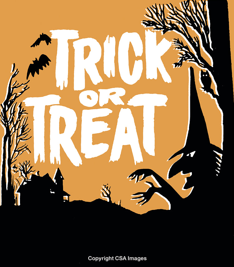 Halloween Trick or Treat Scene With Witch, Haunted House, and Spooky Trees
