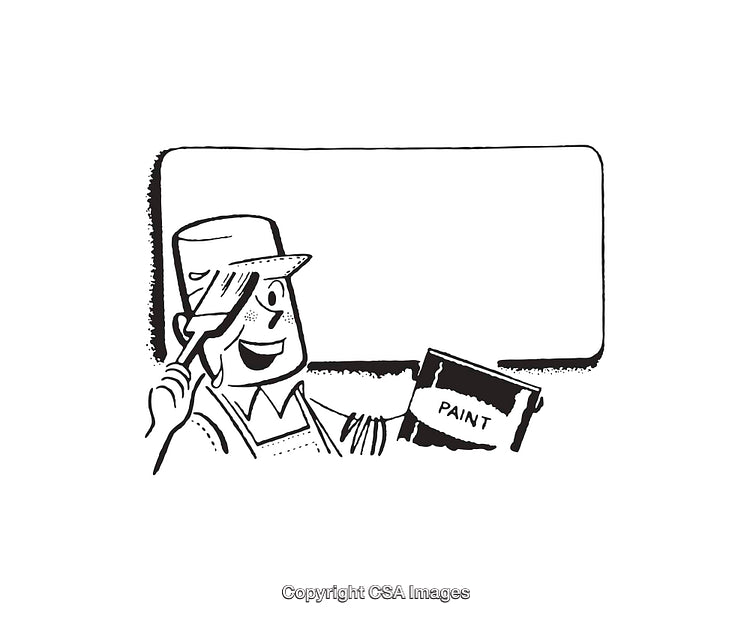 Black and White Illustration of Painter with Paint Can and Brush