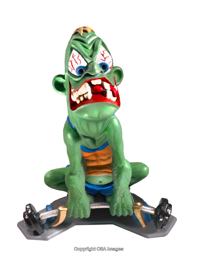 Green Cartoon Figure Lifting Weights in a Plastic Toy Design