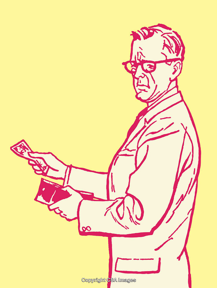 Retro Style Line Art of a Man Holding a Wallet and ID