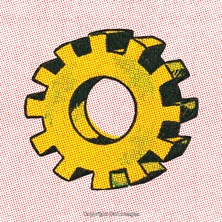Yellow Gear Illustration in Halftone Comic Pop Art Style on Dotted Background