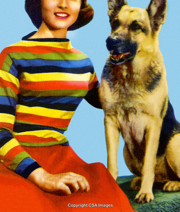 Smiling Woman in Striped Sweater Posing With German Shepherd Dog