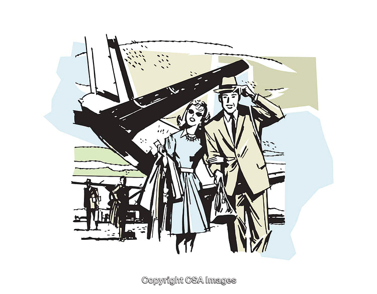 Vintage Illustration of a Couple Near an Airplane at the Airport