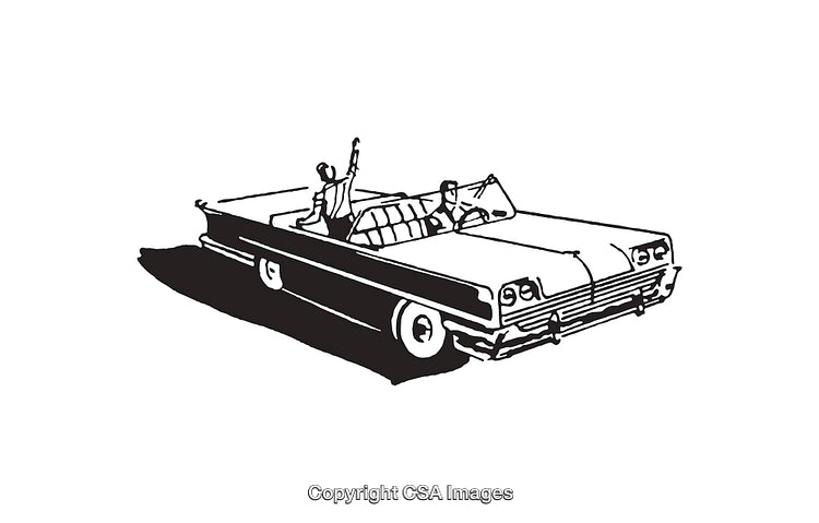Black and White Line Art of Classic Convertible Car with Passengers