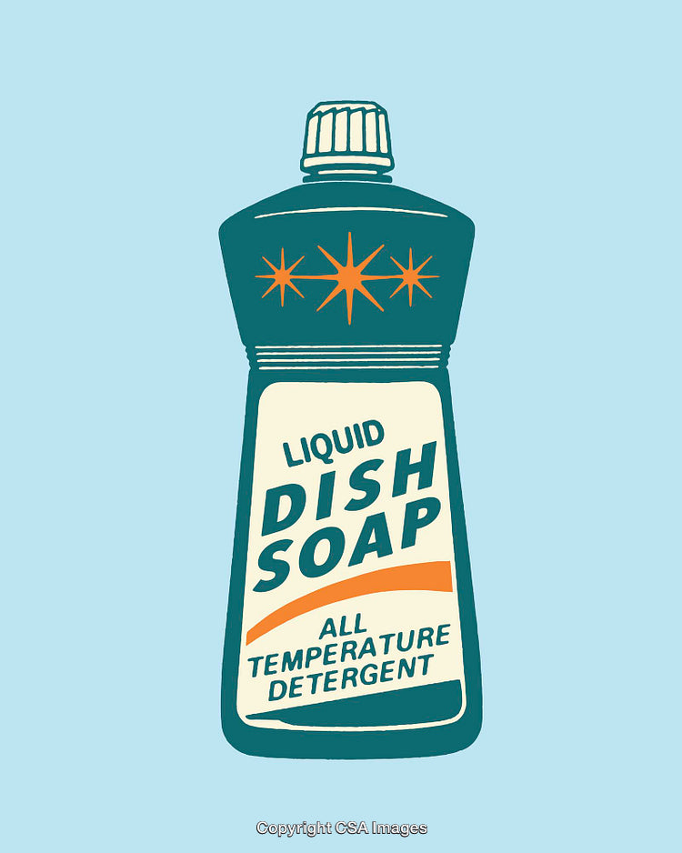 Retro Style Illustration of Liquid Dish Soap Bottle with Bold Text Design