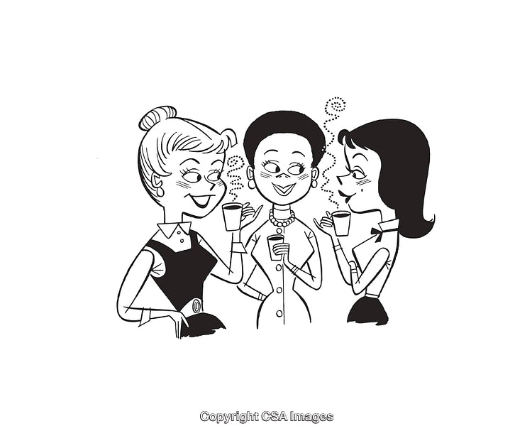 Retro Style Line Art of Three Women Conversing and Laughing Together