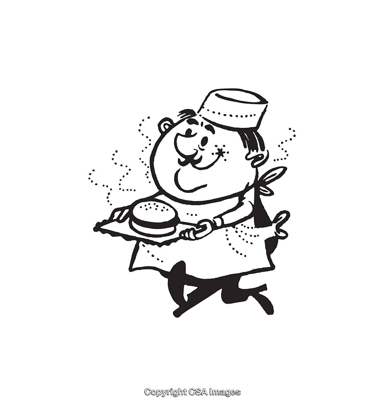 Black and White Illustration of a Chef Serving a Delicious Burger