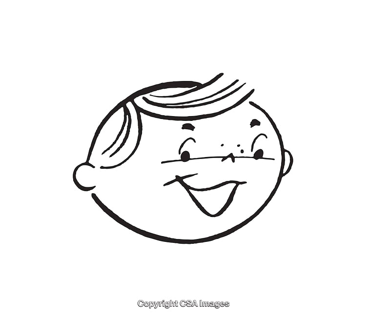 Black and White Smiling Character Line Art with Freckles and Retro Style