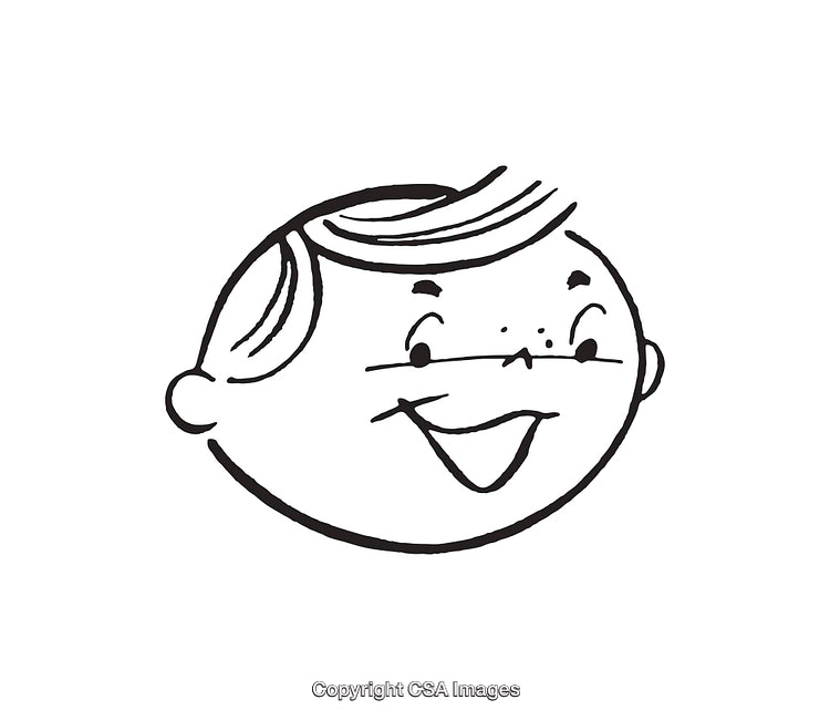 Black and White Smiling Character Line Art with Freckles and Retro Style