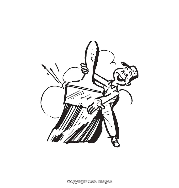 Cartoon Line Art Illustration of a Happy Man Holding a Large Paintbrush