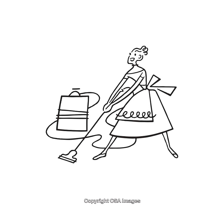 Retro Line Art Illustration of a Lady Vacuuming in Style