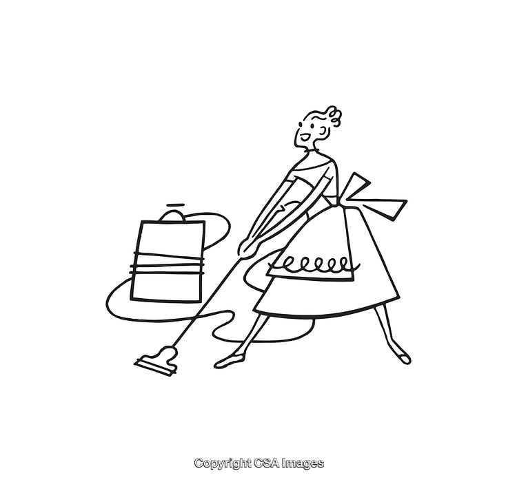 Retro Line Art Illustration of a Lady Vacuuming in Style