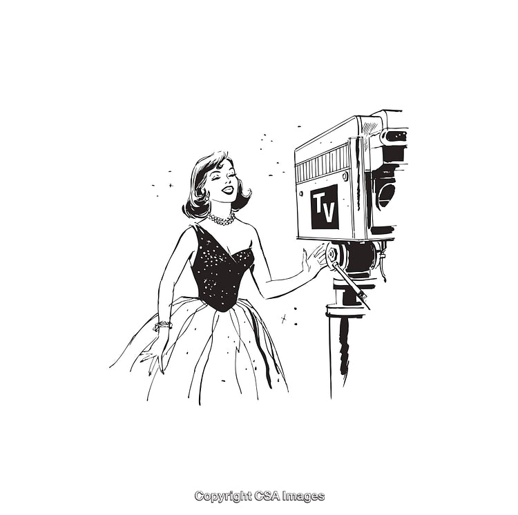 Black and White Retro Illustration of Woman in Elegant Attire with TV Camera