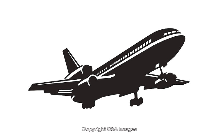 Silhouette Illustration of an Airplane in Flight on a White Background