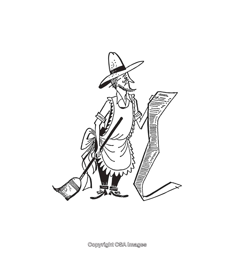 Vintage Line Art Illustration of a Character Reading a Long Scroll