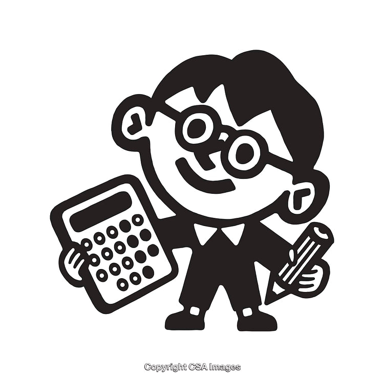 Black and White Illustration of Character Holding Calculator and Pencil