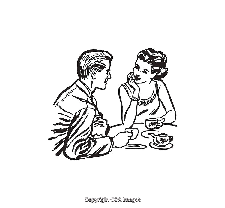 Vintage Line Art of a Couple Conversing Over Coffee in Black and White
