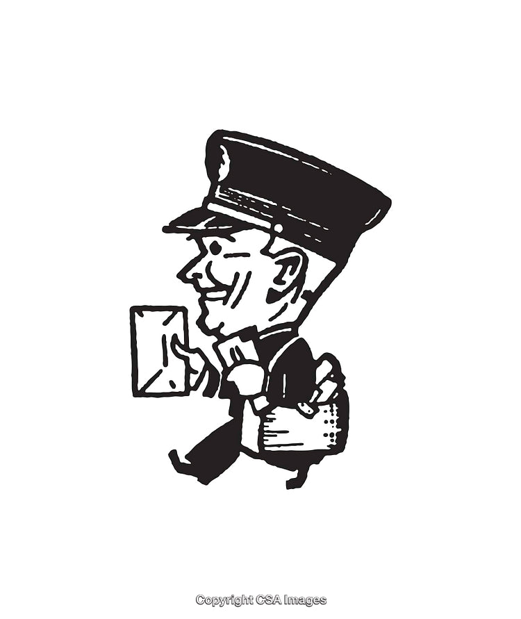 Vintage Black and White Postal Worker Carrying Mail Illustration