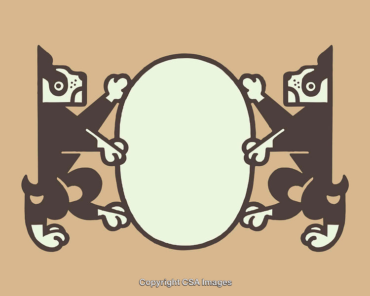 Decorative Line Art of Symmetrical Dogs Holding a Blank Oval Emblem
