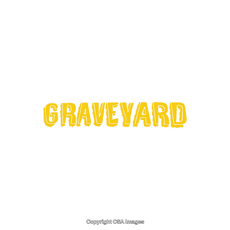 Bold Yellow Graveyard Text Illustration on a Simple White Background