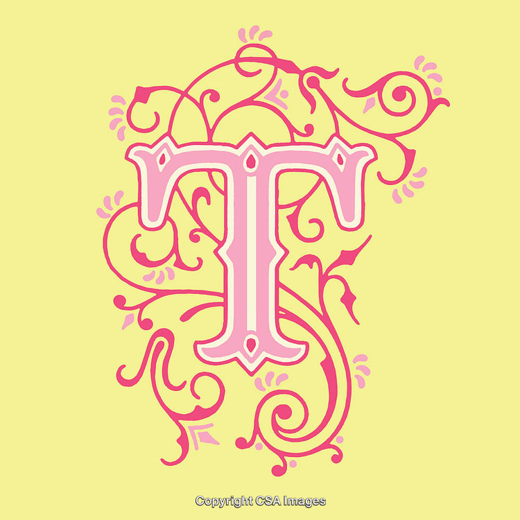 Decorative Pink Letter T With Floral Design on Yellow Background