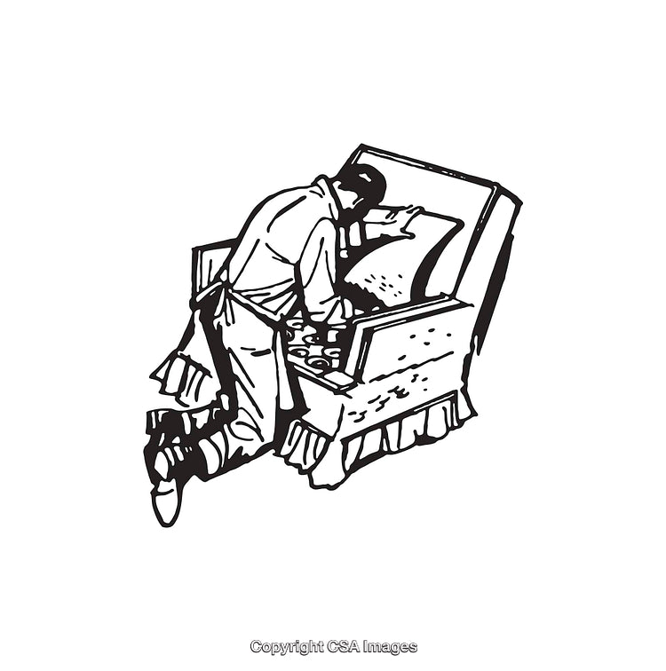 Black and White Illustration of a Kneeling Painter Near a Piece of Furniture
