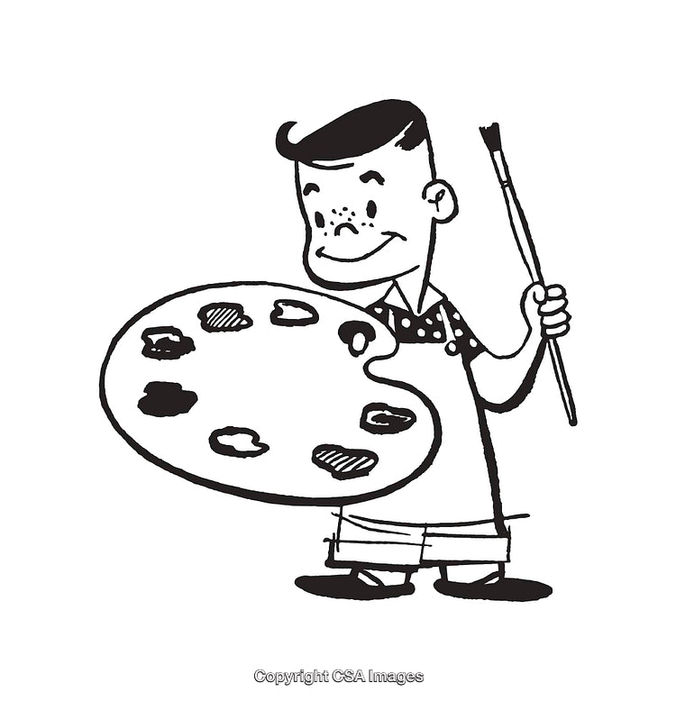 Black and White Illustration of a Painter With Palette and Brush