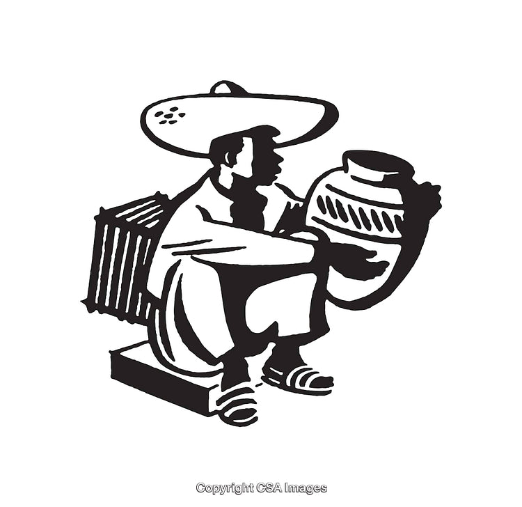Black and White Line Art of Man Holding a Decorative Pot