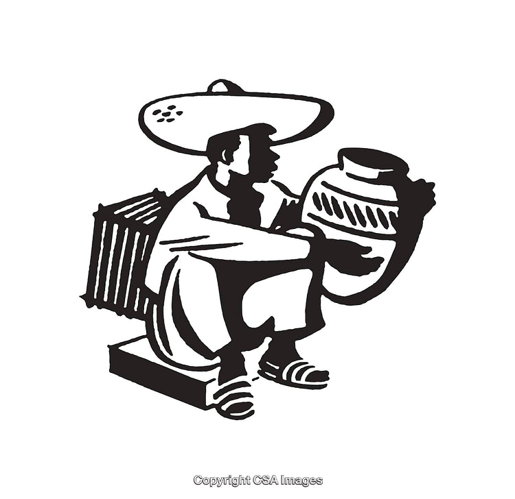 Black and White Line Art of Man Holding a Decorative Pot
