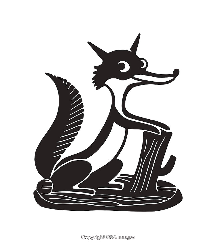 Black and White Line Art Illustration of a Stylized Fox on a Log