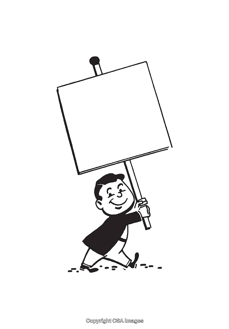 Retro Line Art of a Man Carrying a Sign in Black and White