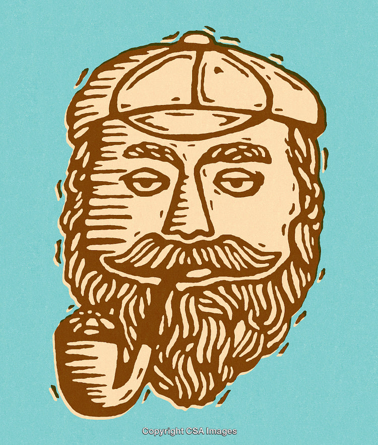 Vintage Illustration of Bearded Man Wearing Hat and Smoking a Pipe