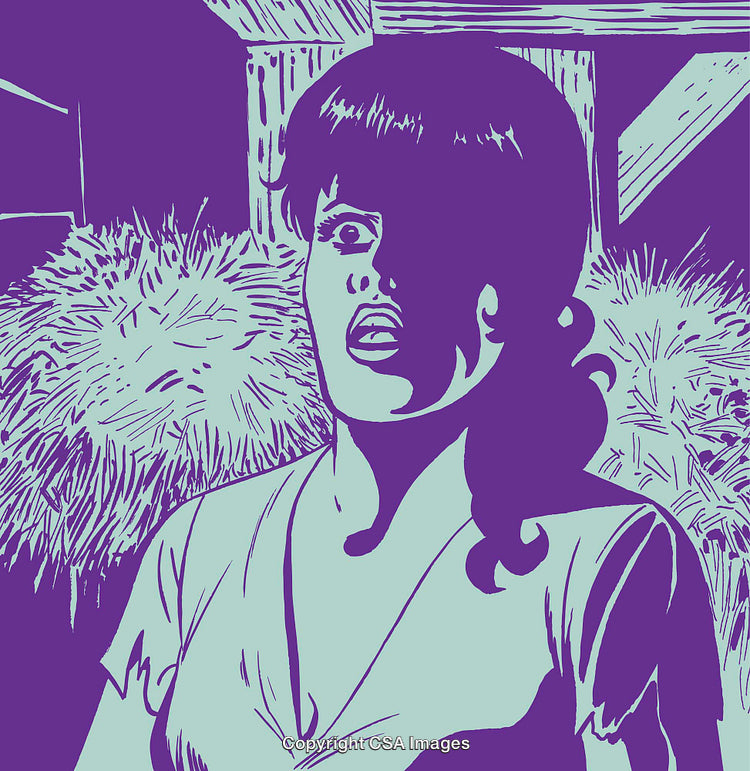 Pop Art Illustration of a Surprised Woman in Purple and Blue Tones