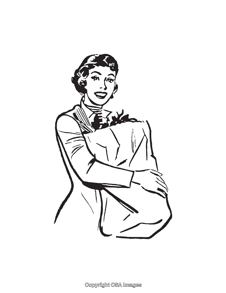 Retro Style Black and White Line Art of Woman Holding Groceries