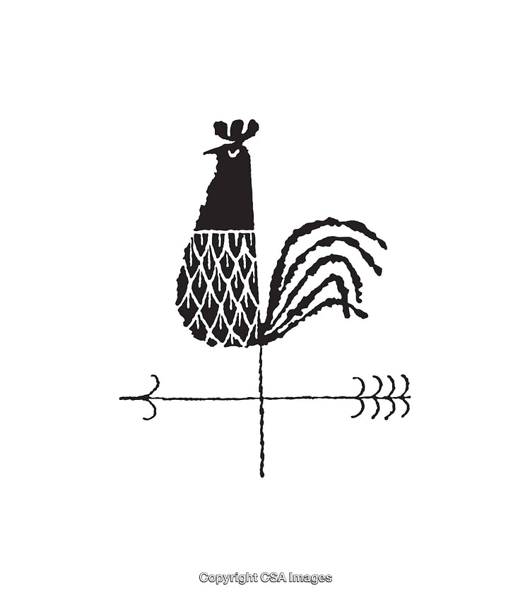 Black and White Rooster Illustration with Weather Vane Elements