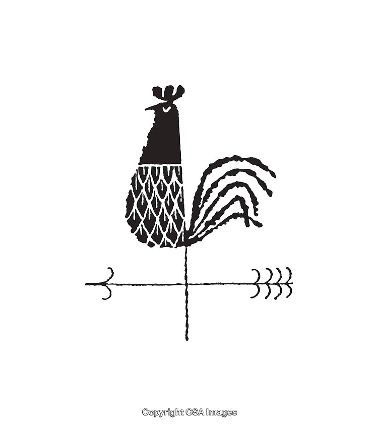 Black and White Rooster Illustration with Weather Vane Elements