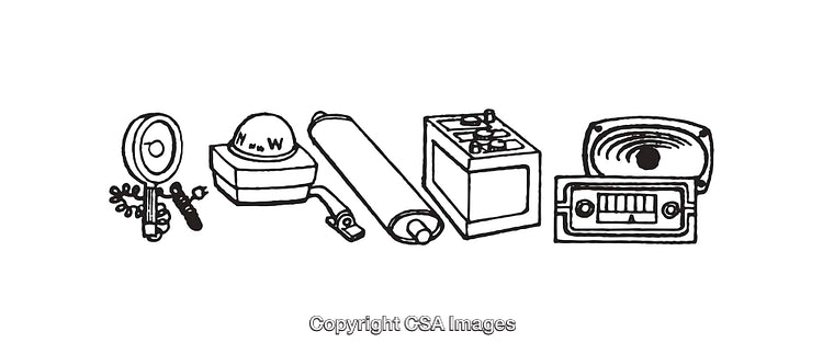 Black and White Line Art Illustrations of Mechanical and Electrical Objects
