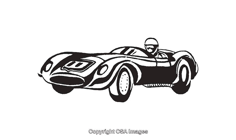 Black and White Line Art of a Classic Race Car with Driver
