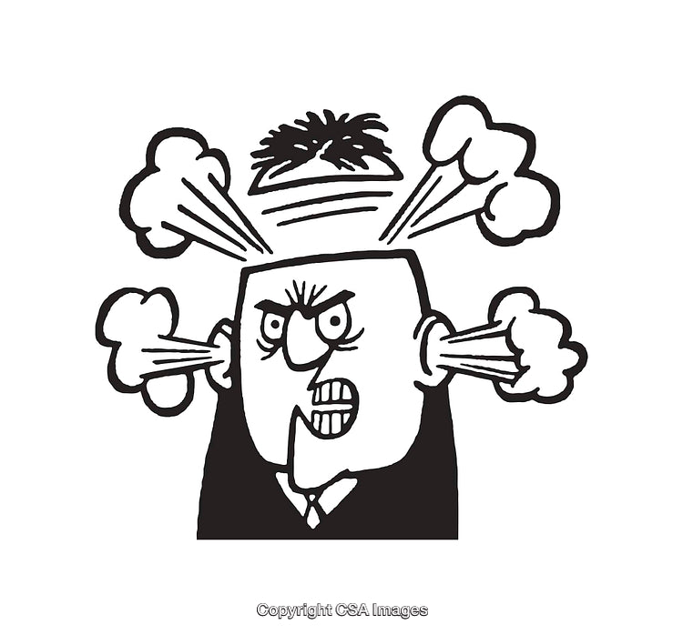 Black and White Cartoon of An Angry Person with Steam Clouds