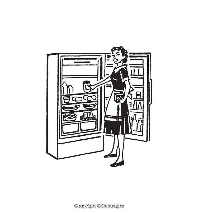 Black and White Retro Illustration of a Woman Using a Refrigerator