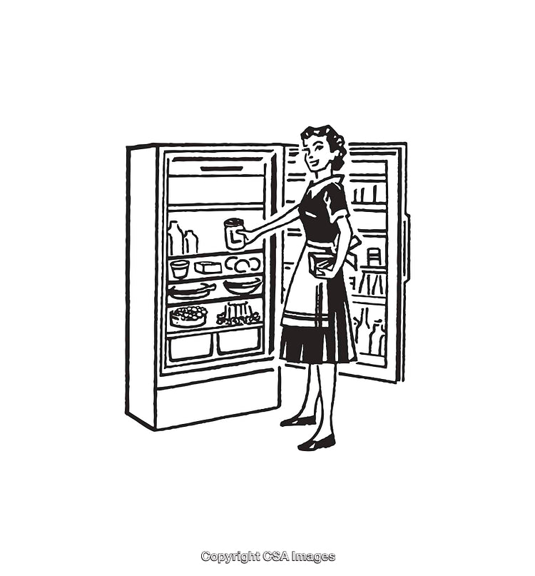 Black and White Retro Illustration of a Woman Using a Refrigerator
