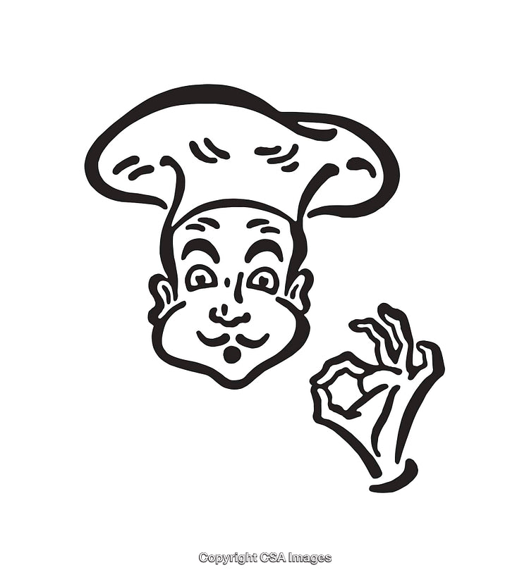 Black and White Line Art Illustration of a Chef Giving an Okay Sign