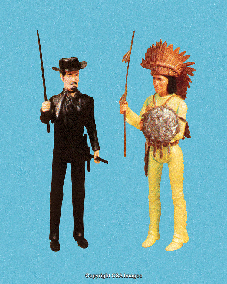 Two Figurines Depicting Traditional Western and Native American Characters on Blue Background
